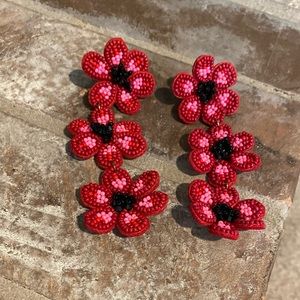 Long beaded red and black flower earrings